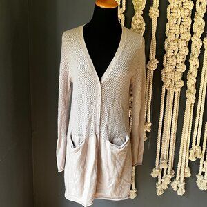 S&C 100% Cashmere Open Knit Mixed Media Unique Cream Cardigan Sweater M Bohemian